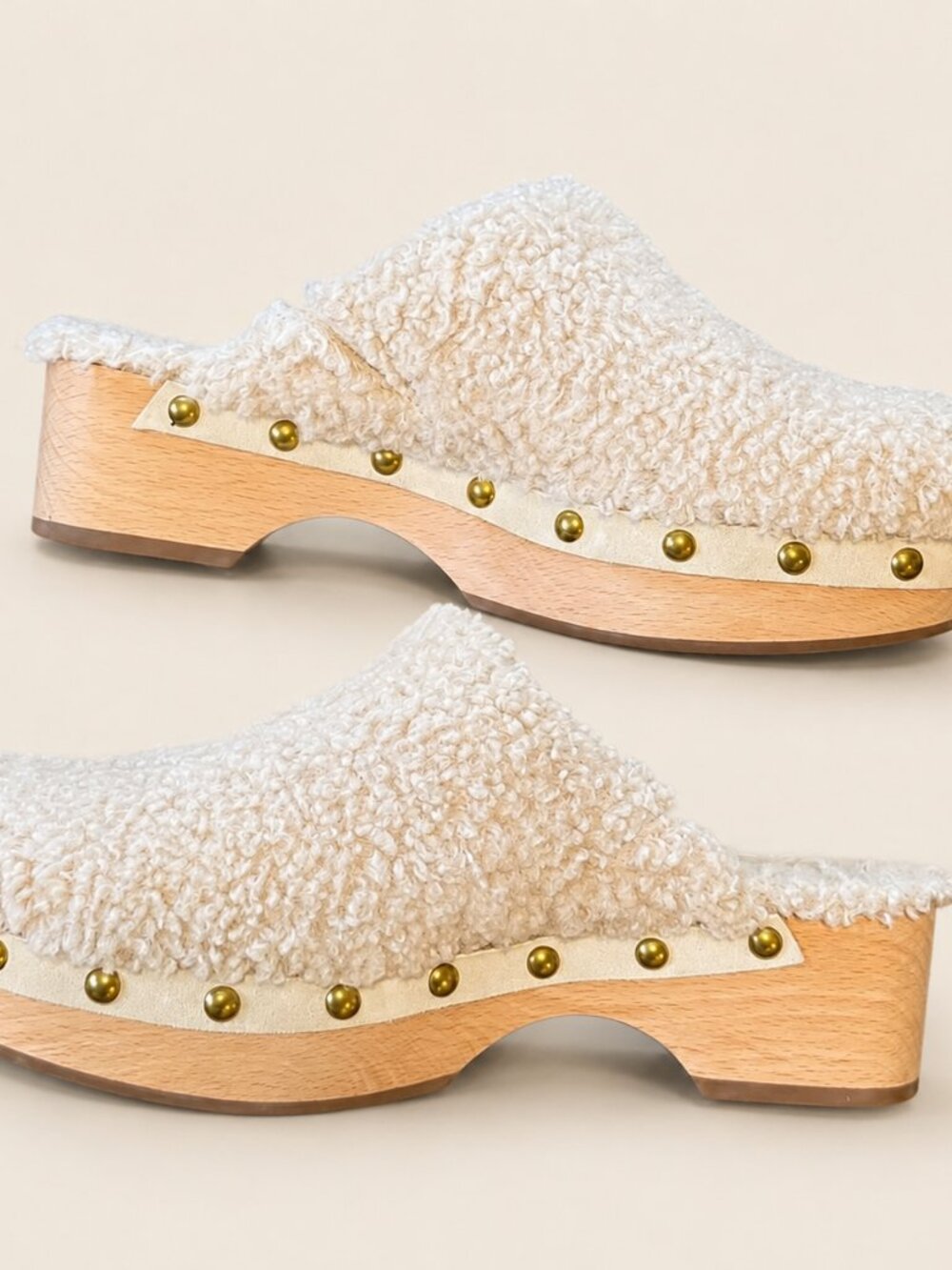 J.Crew Shearling Lined Wooden Clog Mules Studded Platform Cream Size 7